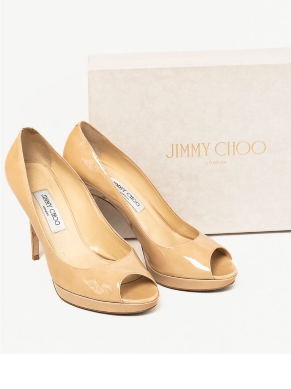 Jimmy Choo Nude Patent Peep-Toe Heels